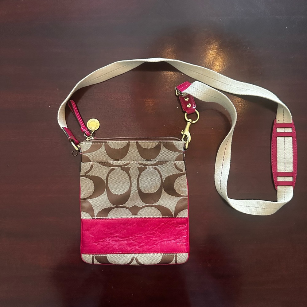 Coach Crossbody bag, signature brown canvas with bright pink leather